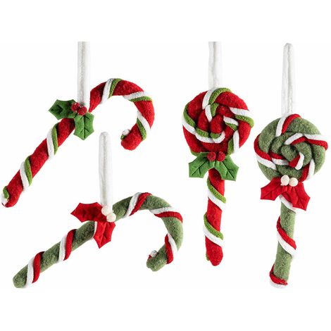 Sucres d'orge de Noël à suspendre décor houx, lot de 4, 8 x H. 20 cm