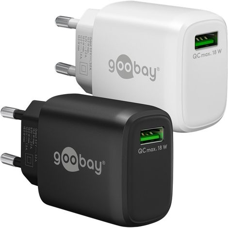 Chargeur Rapide USB-A QC (18 W) noir, 1x port USB-A (Quick Charge 3.0). Version couleur noir