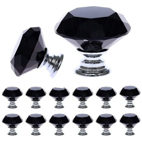 12 Pièces Noir Cristal Verre Meuble Poignées (30 mm), Bouton de Meuble avec de taille, Bouton de Porte, Tiroir de Poignée, Poignée de Portes pour Cuisine, Bureau, Chambre, Placard (1/5)