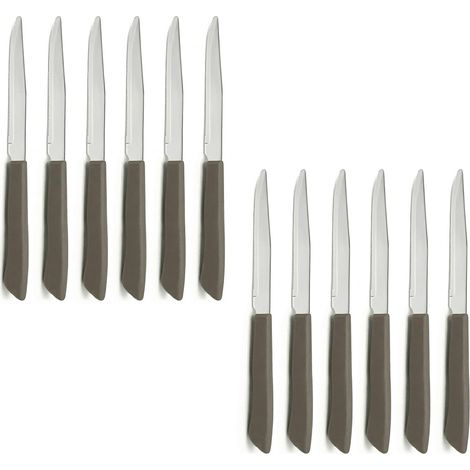 Set 12 Coltelli da tavola per Bistecca e Pizza Professionale Lama Seghettata in Acciaio Inox Speciale Made in Italy Manico Tortora Ergonomico per Carne e Ristorazione