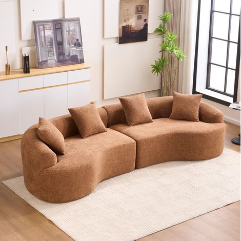 Divano modulare 4 posti in chenille caramello, design curvo moderno, imbottitura in schiuma, senza montaggio (1/5)