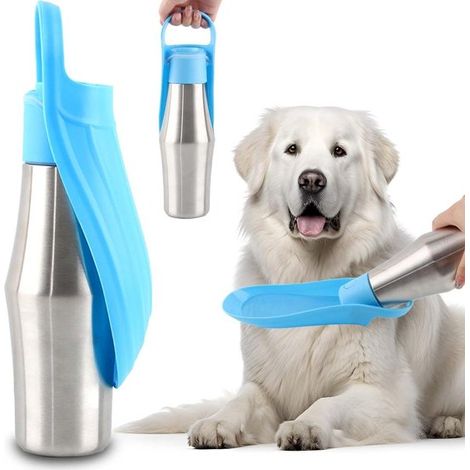 Allecto Plus Tragbare Trinkflasche für Hunde, 750 ml Edelstahl Antibakteriell Auslaufsicher Lebensmittelecht Faltbar Blau für Outdoor Aktivitäten (1/5)