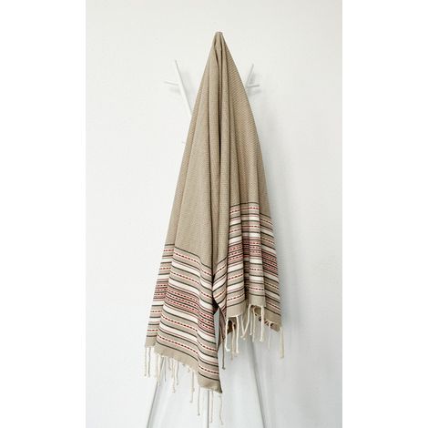 Fouta 100x200 beige, chocolat, écru, rouge - 100% coton - franges (1/2)