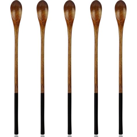 Cuillères en bois, ensemble de 5 cuillères à long manche en bois naturel pour mélanger le café, le thé glacé et les boissons chaudes