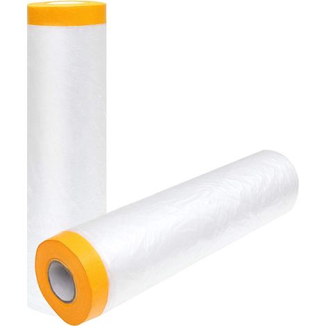 2 rollos de película de plástico antipolvo de 2,4 m x 20 m con cinta adhesiva transparente preencolada para pintar, decorar y revestir.