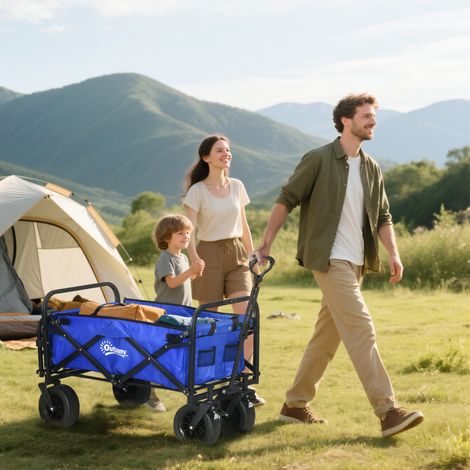 Chariot de jardin pliable avec poignée réglable en longueur et en angle, sac de transport inclus, capacité de charge de 100 kg, bleu foncé