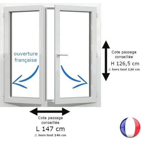 Fenêtre PVC blanc 2 vantaux hors tout H 126 x L 146 cm ouverture française pour pose rénovation
