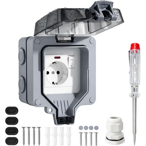 Prise extérieure étanche IP66 - Prise d'extérieur avec interrupteur et voyant lumineux de contrôle - Prise murale 1 compartiment pour pièces humides - Contact de protection - Prise de jardin étanche à (1/5)