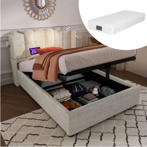 Lit Coffre - SOGEU - 90x200 - Matelas inclus - Tissu lin beige - 2 ports USB & lampe lecture (1/5)