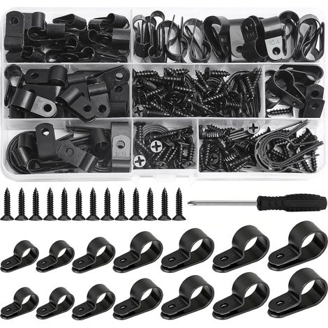 245 Pièces R Nylon Câble Plastique Clip de Montage, 7 Tailles Clips Cable De Type R, R-Type Attache de Câble Pince de Fil avec Vis et Tournevis, Pour Câbles Électriques, Serre-Fils (Noir) (1/5)