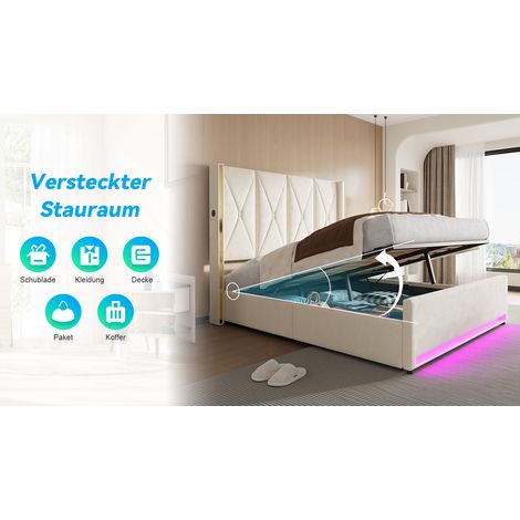 Lit velours 160x200 cm, tête haute rembourrée et matelassée, poches latérales, USB et LED, système hydraulique, grand rangement, confort, gain de place (1/5)
