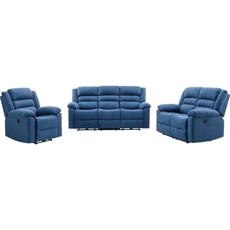 Canapé 3 places, 2 places et fauteuil relax électrique en tissu bleu BUROLO (1/5)