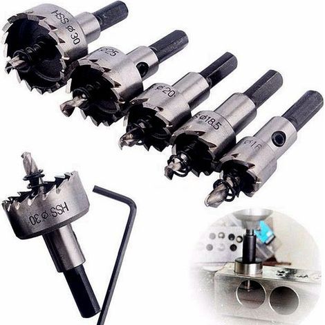 Ensemble de 5 scies cloches à mèches en carbure, en acier inoxydable et alliage métallique, de 16/18/20/25/30 mm, pour le travail du bois. (1/5)
