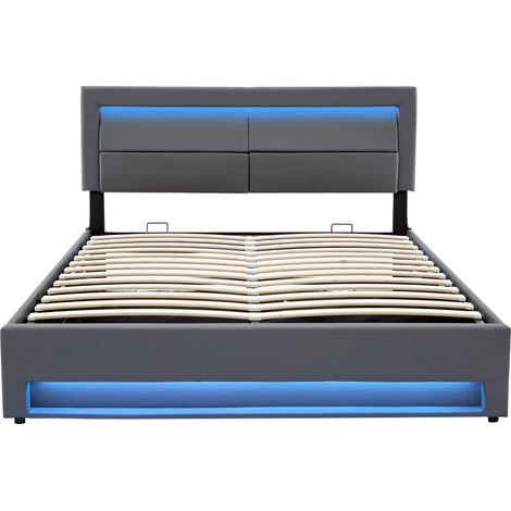 Lit rembourré 140 x 190 cm, avec port USB (charge sans fil et filaire), éclairage LED et espace de rangement, sans matelas, design PU litchi, gris [OLD SKU:3252956AAG] (1/5)