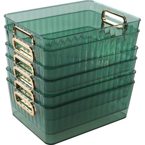 Juego de 6 contenedores de almacenamiento de plástico transparente con asas doradas, color verde.