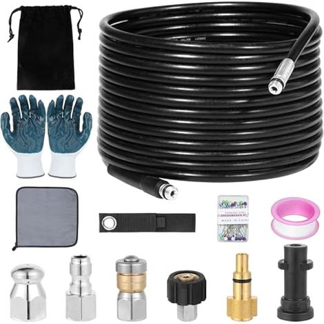 Kit de jet d'égout pour nettoyeur haute pression – Tuyau de nettoyage NPT de 6,35 mm (10 m), coupleur M22, prise rapide de 6,35 mm, buse rotative, buse à bouton, adaptateur pour Karcher/Lavor, pour