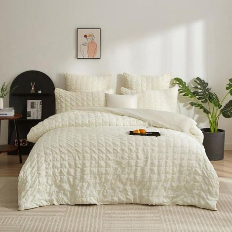 Seersucker Bettwäsche 220x240cm Beige Kariert Gebürstet Mikrofaser mit Reißverschluss
