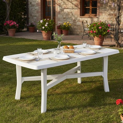 Dmora – Table de jardin rectangulaire 6 places – Longueur 180 cm – Plateau en plastique blanc – Table fixe Made in Italy – Dimensions 180x100x72h cm
