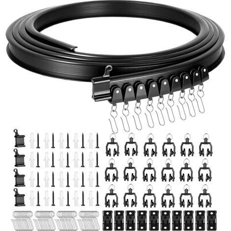 Flexible Ceiling Curtain Rail, 3 Metres Curved Curtain Rail with Silent Rollers, Foldable Ceiling Wall Bracket for Room Divider, Bedroom, Balcony, Black (1/5)