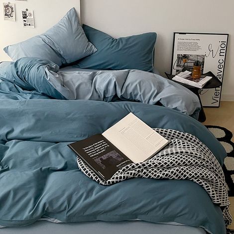 Ensemble de Literie en Coton Lavé A, Ultra Doux - Housse de Couette 200x230 cm, Drap Plat et Taies d'Oreiller pour Lit 180x200 cm - Style Étudiant, Couleur Bleu Azur Clair-lsw