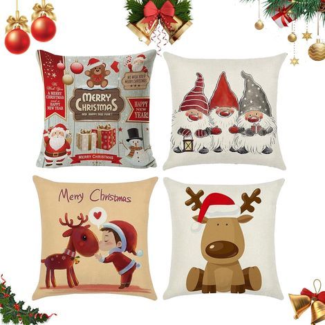 Lot de 4 Housses de Coussin de Noël - Décoration Intérieure en Lin 45x45 cm (1/5)