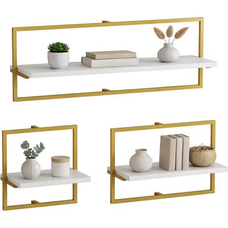 Mensola Gerano, 3 Ripiani, set da 3, Colore Struttura oro, 80x20x30h cm Bianco