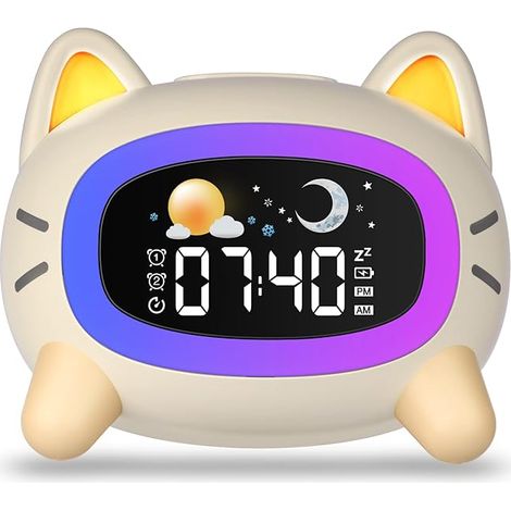 Despertador para niños, entrenador de sueño para gatos, despertador digital para niños con máquina de sonido, luz colorida, función de repetición y temporizador, despertador con luz, luz de despertado (1/5)