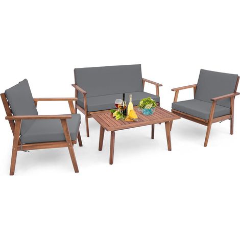 Ensemble de Salon de Jardin 4 Pièces, Canapé en Bois d'Acacia avec Coussins d'Assise et de Dossier, Table Basse Rectangulaire, pour Jardin, Gris (1/5)