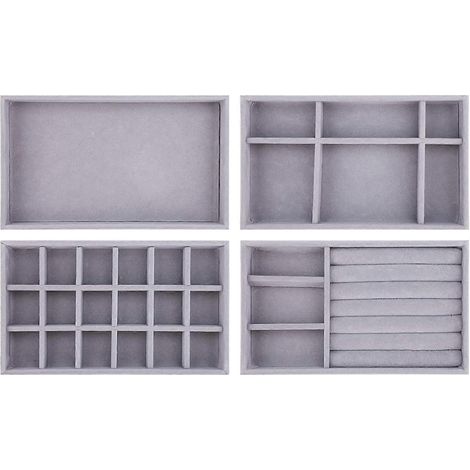 Ensemble de 4 plateaux de rangement empilables en velours pour bijoux, comprenant un plateau pour tiroir, un présentoir pour boucles d'oreilles, bagues, colliers et bracelets, et un espace de rangemen (1/5)
