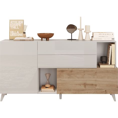 Madia cucina soggiorno 2 ante 2 cassetti legno bianco 181x42x94cm Kamie - Rovere - Bianco Lucido (1/4)