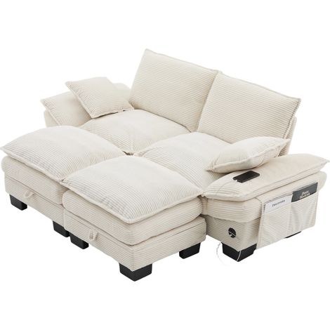 Sofá modular de 2 plazas en pana beige con 2 pufs, USB-C y bolsillos laterales, MODENUIT (1/5)