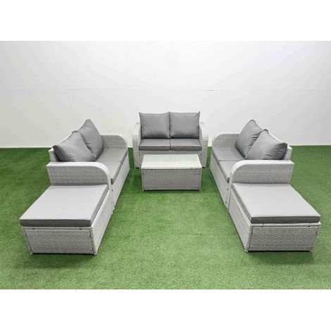 Fimous 8 Seater PE Wicker Rattan Furniture Sofa Sets with Rectangular Coffee Table 2 Seater Love Sofa 2 Big Footstool Light Grey (1/4)