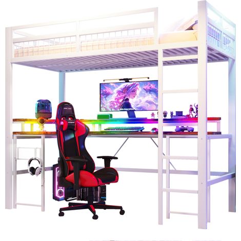 Letto a soppalco 90 x 200 cm con scrivania integrata, LED multicolore controllati da app, USB e Tipo-C, parete forata, bianco  CHICFURN (1/5)