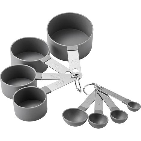 Tasse à mesurer avec poignée en acier inoxydable - tasse à mesurer grise et cuillère à mesurer (boîte couleur) (1/5)