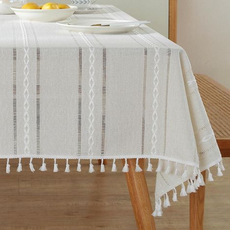 Nappe Bohème 120x160cm avec pompons, rectangulaire, Ivoire Blanc
