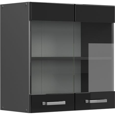 Mobile da cucina in vetro R-Line, Nero lucido, 60 cm, Vicco