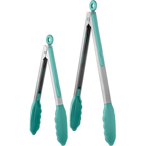 315℃ Ensemble de pinces de cuisson résistantes à la chaleur avec embouts en caoutchouc antiadhésif fermement scellés et poignée en acier inoxydable revêtue de silicone (23/30 cm, Sarcelle) (1/5)