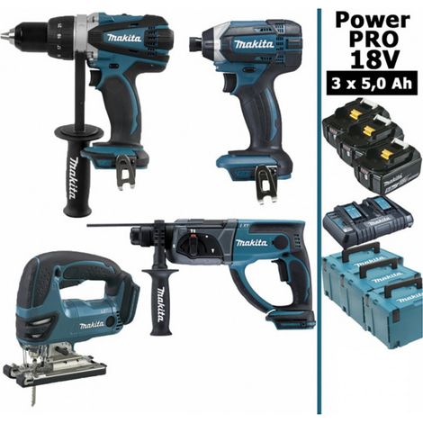 Pack Makita Power PRO 18V: Perceuse 91Nm DDF458 + Perfo 2J DHR202 + Visseuse à chocs 165Nm DTD152 + Scie sauteuse 26mm DJV180 + (1/5)