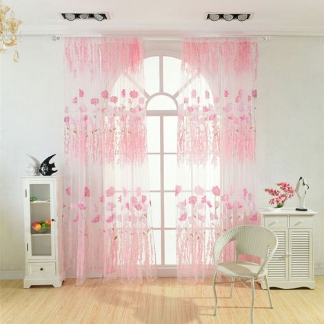 Voilage Tulle Fleuri Polyester pour Chambre Salon Rose - Décoration Fenêtre (1/4)