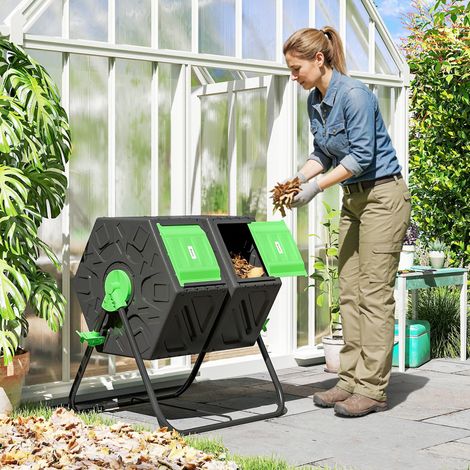 Composteur de jardin bac à compost pour déchets rotatif 360° double chambre 130 L acier PP 67 x 60 x 77 cm noir (1/5)