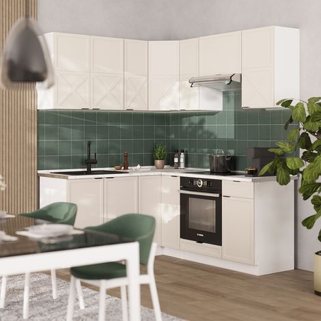 Cucina angolare completa Fame-Line, Grigio/beige/bianco, 160 x 60 cm senza piano di lavoro, Vicco
