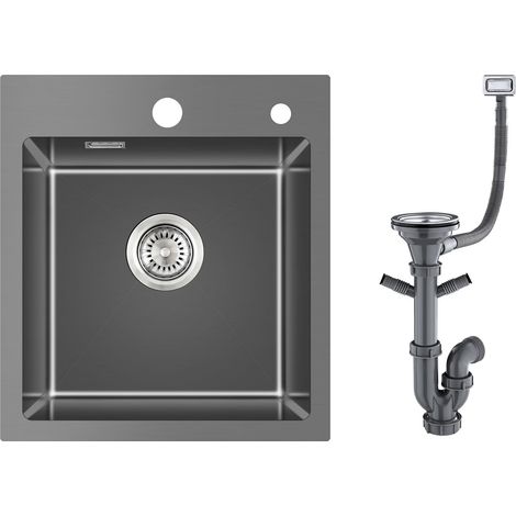 Évier de cuisine rectangulaire en acier inoxydable Noir-Gris - 45 x 50 cm - Avec trou pour robinet et trop-plein (sans siphon) - 1 bac - Pour meuble bas de 50 cm (1/5)