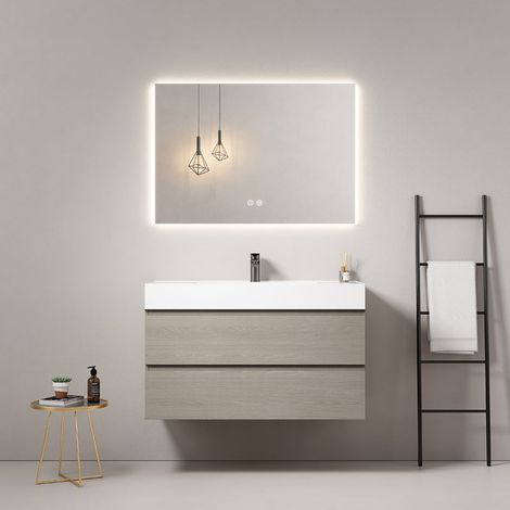 Mobile bagno sospeso 100 cm Beige Lavabo in Resina Specchio Quadro Retroilluminato - Fiji Wood