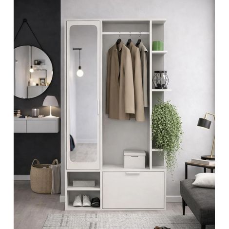 AX LIVING Garderobe Nemrut Weiß mit Spiegel – Flurmöbel mit Stauraum