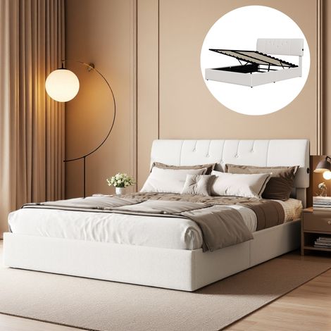 Lit Coffre 140x190 cm, Lit de Rangement en Velours Teddy, avec USB Chargeur, Espace de Rangement Hydraulique, Sommier à Lattes, Lit Adulte Douillet - Blanc