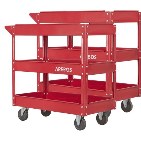 AREBOS 2x Tool Trolley 3 Level Mobile Workshop Trolley Cart Storage Shelf on Wheels (1/5)