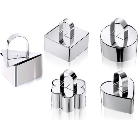 Stampi per torte, stampi per mousse, stampi da forno da 8 cm con pressino, accessori da cucina, stampi per dessert, torte e biscotti, set da 5 pezzi, argento (1/5)