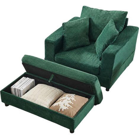 Chaise longue avec repose-pieds et coffre de rangement, tissu velours côtelé émeraude, 3 coussins, pour salon et chambre, style lounge moderne – CHICFURN (1/5)