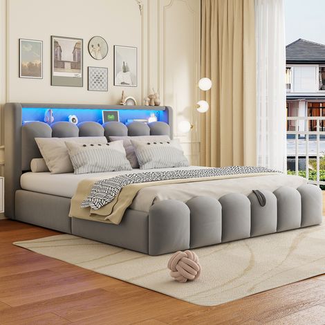 Cama doble tapizada moderna de terciopelo gris 180x200 cm con cabecero con almacenaje, arcón hidráulico, USB-C y LED (1/5)