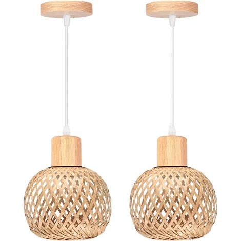 2pcs Rétro Suspension Luminaire en Bambou et Bois Vintage Lampe 13cm Mini Abat-jour à Boule Rotin Vintage Lustre Style Bohème (1/4)